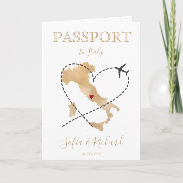 Italy Destination Wedding Passport Gold World Map Invitation (Front)