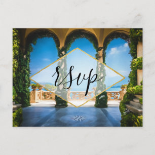 Italy Elegant Blue Green Gold RSVP Enclosure Invitation Postcard