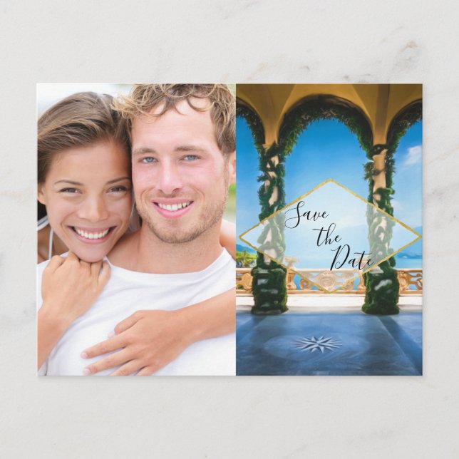 Italy Elegant Save The Date Blue Green Gold Photo Announcement Postcard (Front)