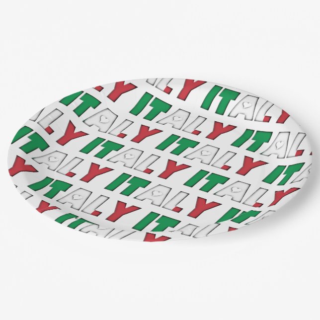 Italy Flag Colours Typography Pattern Hearts Paper Plate (Angled)