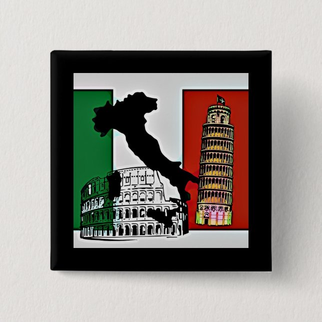 Italy - Flag, Silhouette, Tower, and Colosseum 15 Cm Square Badge (Front)