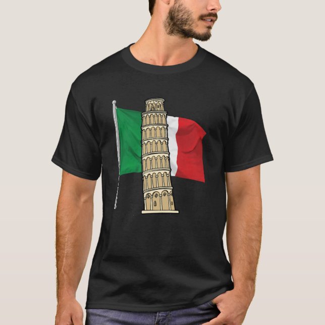 Italy flag with Leaning Tower of Pisa Italian land T-Shirt (Front)