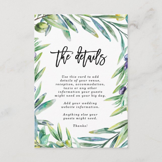 Italy Florence olives wedding details information Enclosure Card (Front)