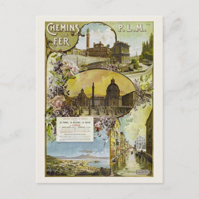 Italy France Railroad Vintage Poster Postcard (Front)