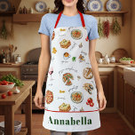 Italy Fun Food Chef Colourful Apron<br><div class="desc">Get ready to stir up some authentic flavour with this Italian flare apron! This vibrant apron features a playful, watercolor print showcasing all your Italian favourites—from pizza and spaghetti to lasagne and a lovely glass of red wine. With bright red ties and a bold green-lettered name customisation, it's the perfect...</div>