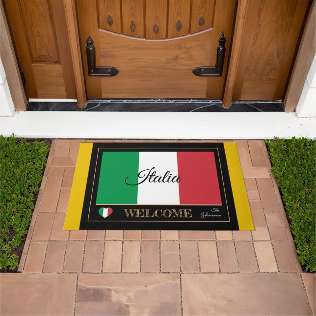 Italy house mat, Gold Rim & Italian Flag Welcome Doormat (Outdoor)