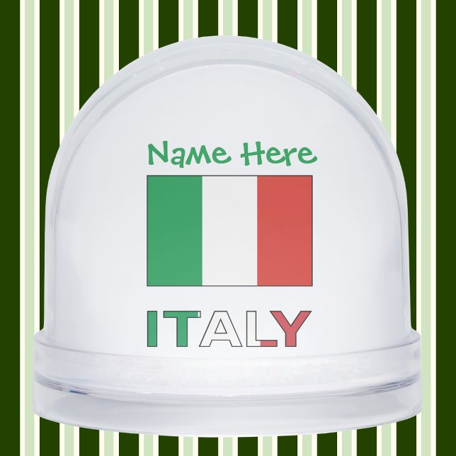Italy Italian Flag Green Personalised  Snowglobe (Personalized snow globe with Italian flag, word ITALY below in colors of flag, and name in green.)