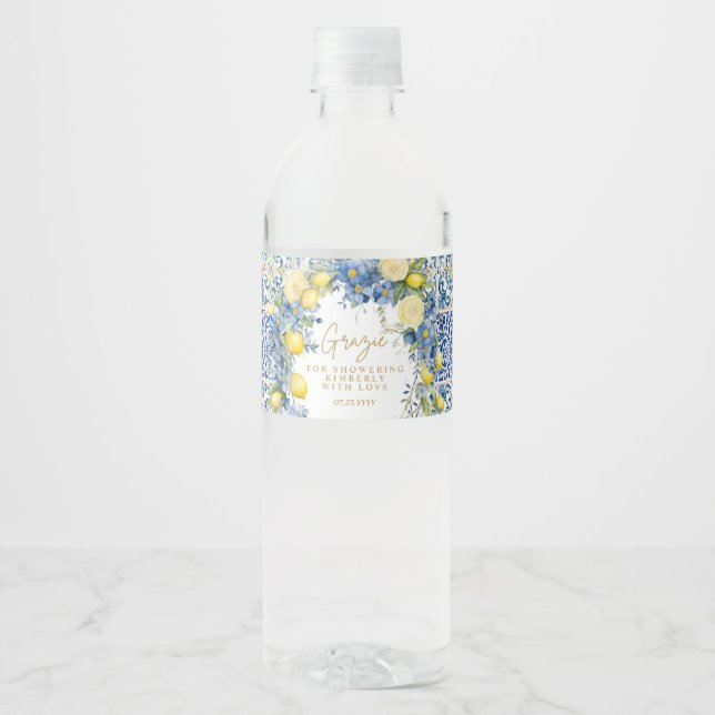 Italy Lemon Blue Tiles Grazie Bridal Shower Water Bottle Label (Front)