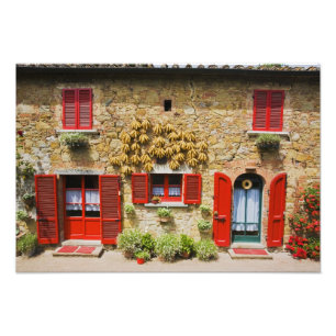 Italy, Lucignano, Red Shutters and Harvest Photo Print