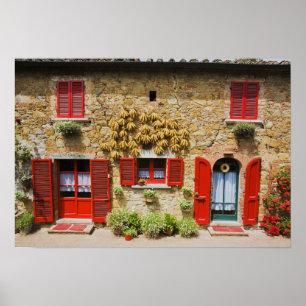 Italy, Lucignano, Red Shutters and Harvest Poster
