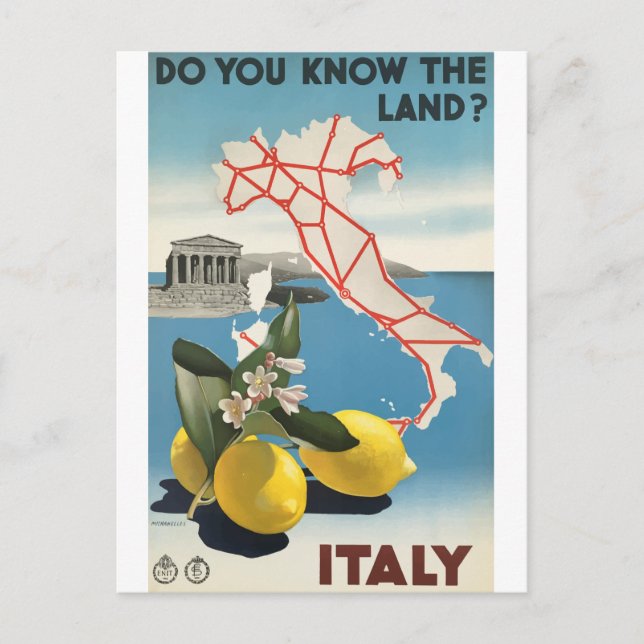 Italy Map and Lemons Vintage Travel Postcard (Front)