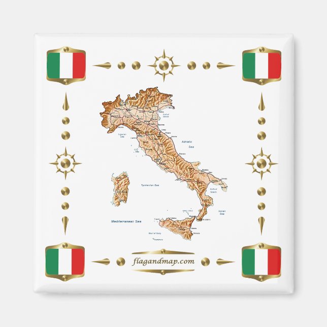 Italy Map + Flags Magnet (Front)