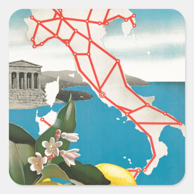 Italy Map Lemons Vintage Travel Poster Square Sticker (Front)