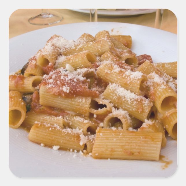 Italy, Positano. Display plate of rigatoni. Square Sticker (Front)
