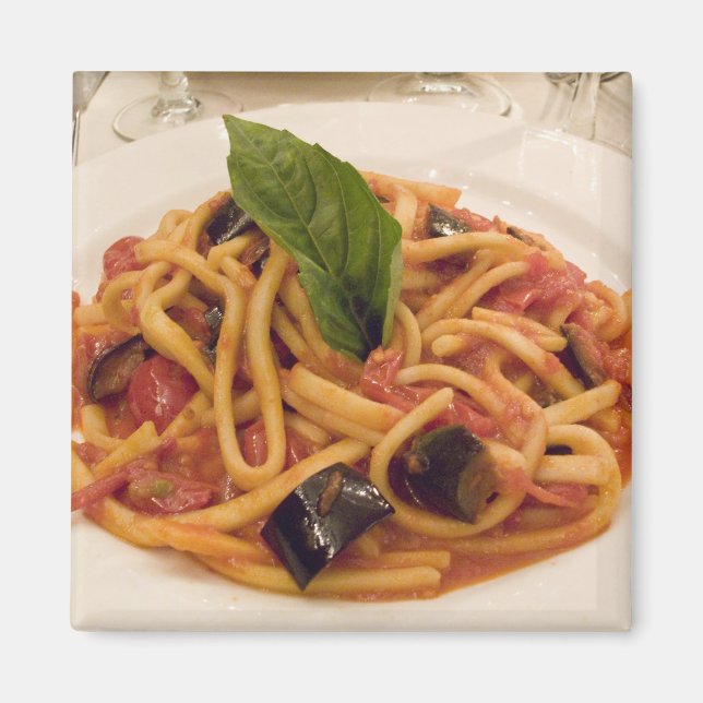 Italy, Positano. Plate of pasta and eggplant. Magnet (Front)