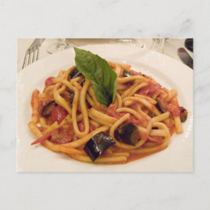 Italy, Positano. Plate of pasta and eggplant. Postcard