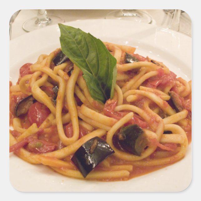 Italy, Positano. Plate of pasta and eggplant. Square Sticker (Front)