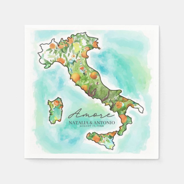 Italy Sea | Amore Watercolor Map Wedding Napkin (Front)