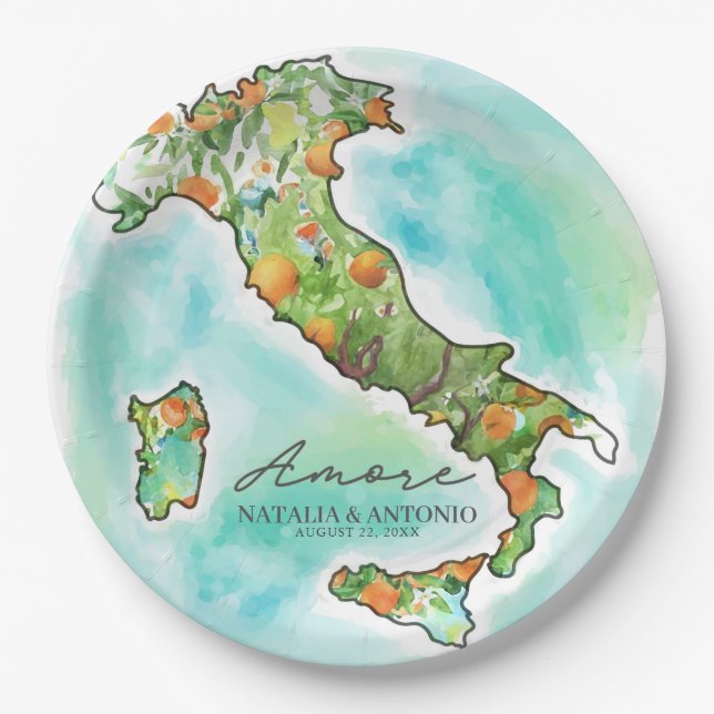 Italy Sea | Amore Watercolor Map Wedding  Paper Plate (Front)