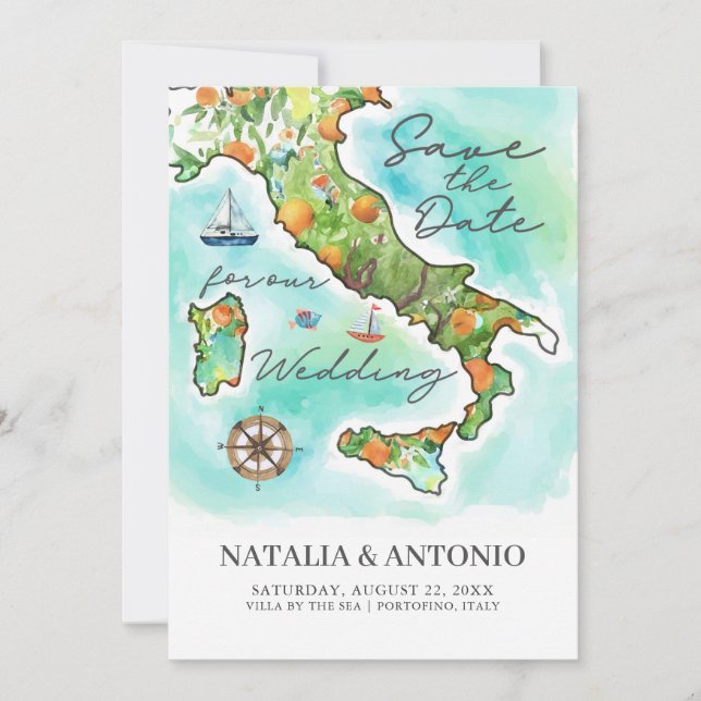 Italy Sea | Watercolor Map Wedding Save The Date (Front)