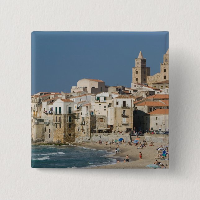 Italy, Sicily, Cefalu, Town View with Duomo from 15 Cm Square Badge (Front)