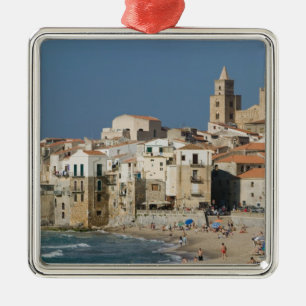 Italy, Sicily, Cefalu, Town View with Duomo from Metal Tree Decoration