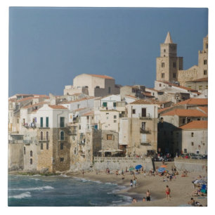 Italy, Sicily, Cefalu, Town View with Duomo from Tile