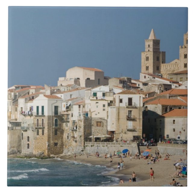 Italy, Sicily, Cefalu, Town View with Duomo from Tile (Front)