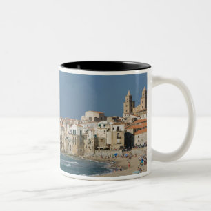 Italy, Sicily, Cefalu, Town View with Duomo from Two-Tone Coffee Mug