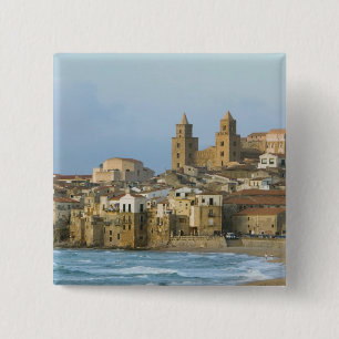 Italy, Sicily, Cefalu, View with Duomo from 2 15 Cm Square Badge