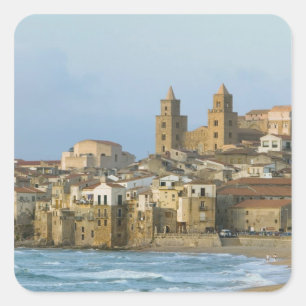 Italy, Sicily, Cefalu, View with Duomo from 2 Square Sticker
