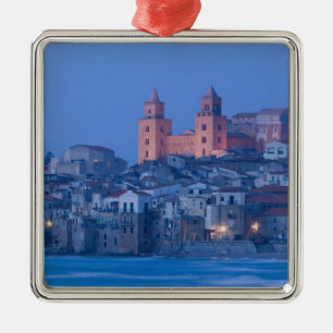 Italy, Sicily, Cefalu, View with Duomo from Metal Tree Decoration