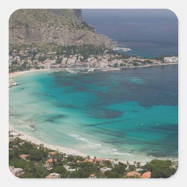 Italy, Sicily, Mondello, View of the beach from Square Sticker (Front)