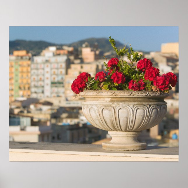 Italy, Sicily, Termini Imerese, View & Flowers Poster (Front)