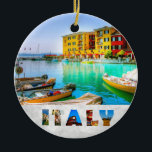 Italy Sirmione Lake Garda Waterfront Ceramic Tree Decoration<br><div class="desc">Display your love for the country of Italy and all things Italian this holiday season with this Christmas ornament featuring a beautiful photo of the Lake Garda waterfront in Sirmione, Italy! The colour collage at the bottom of the ornament features photos of the Colosseum in Rome, Cinque Terre, and Tuscany....</div>
