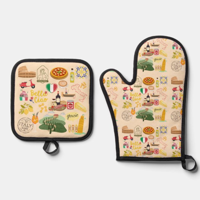 Italy Symbols Travel Lovers Oven Mitt & Pot Holder Set (Front)