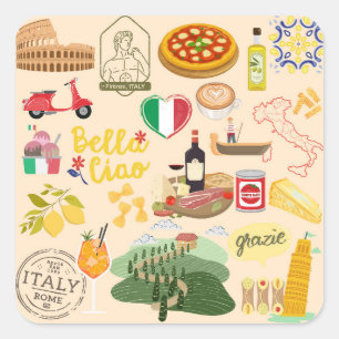 Italy Symbols Travel Lovers Square Sticker