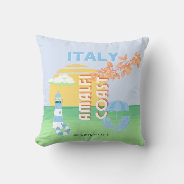 Italy Travel Art, Amalfi Coast, Preppy, Blue Cushion (Front)