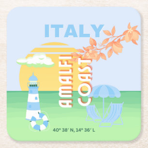 Italy Travel Art, Amalfi Coast, Preppy, Blue Square Paper Coaster
