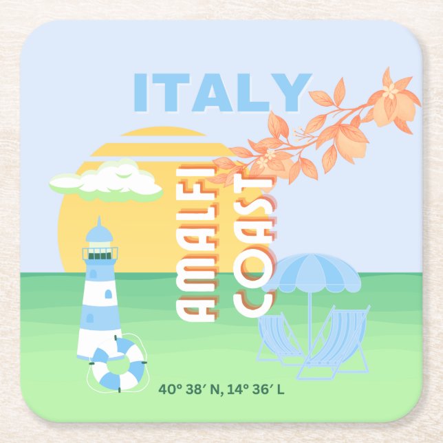 Italy Travel Art, Amalfi Coast, Preppy, Blue Square Paper Coaster (Front)