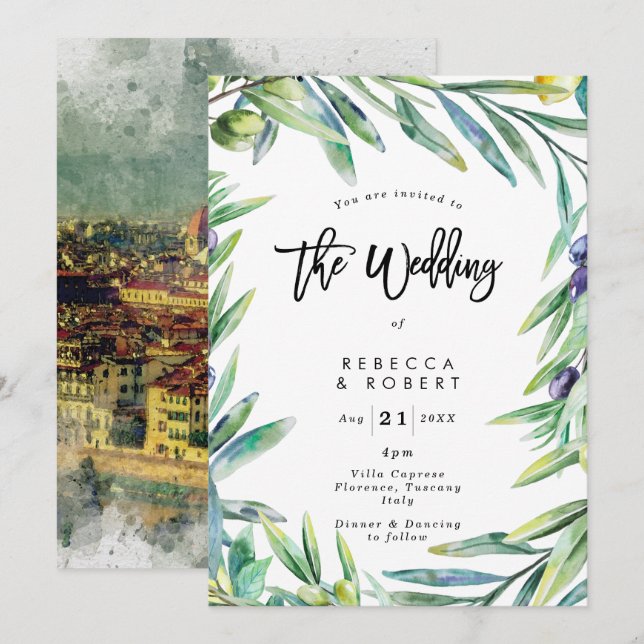 Italy Tuscany olives modern wedding invitation (Front/Back)