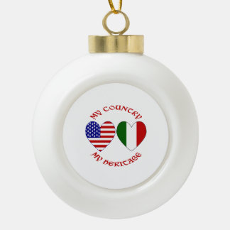 Italy USA Flag Hearts Country Heritage Ceramic Ball Christmas Ornament