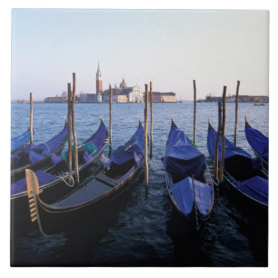 Italy, Veneto, Venice, Row of Gondolas and San Tile