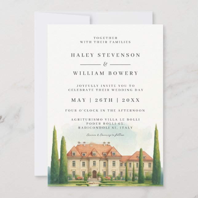 Italy Villa Watercolor Tuscany Destination Wedding Invitation (Front)