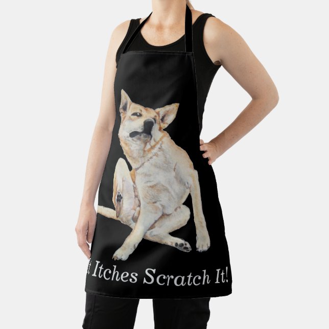 itchy dog scratching painting with funny slogan apron (Insitu)