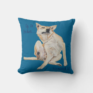 itchy dog scratching painting with funny slogan cushion