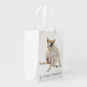 itchy dog scratching painting with funny slogan reusable grocery bag