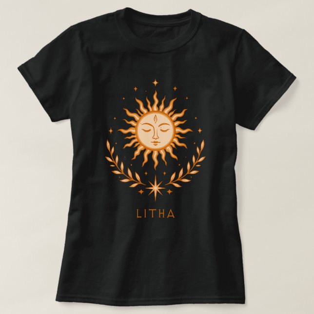 itha Celestial Sun Face Botanical Wreath Art T-Shirt (Design Front)