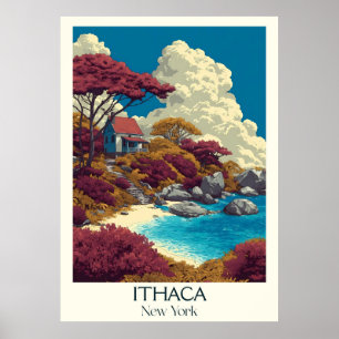 Ithaca New York Vintage Waterfall Lake Art Poster