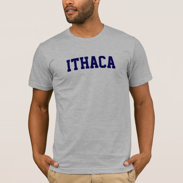 Ithaca t-shirt on Heather Grey with Navy Blue (Front)